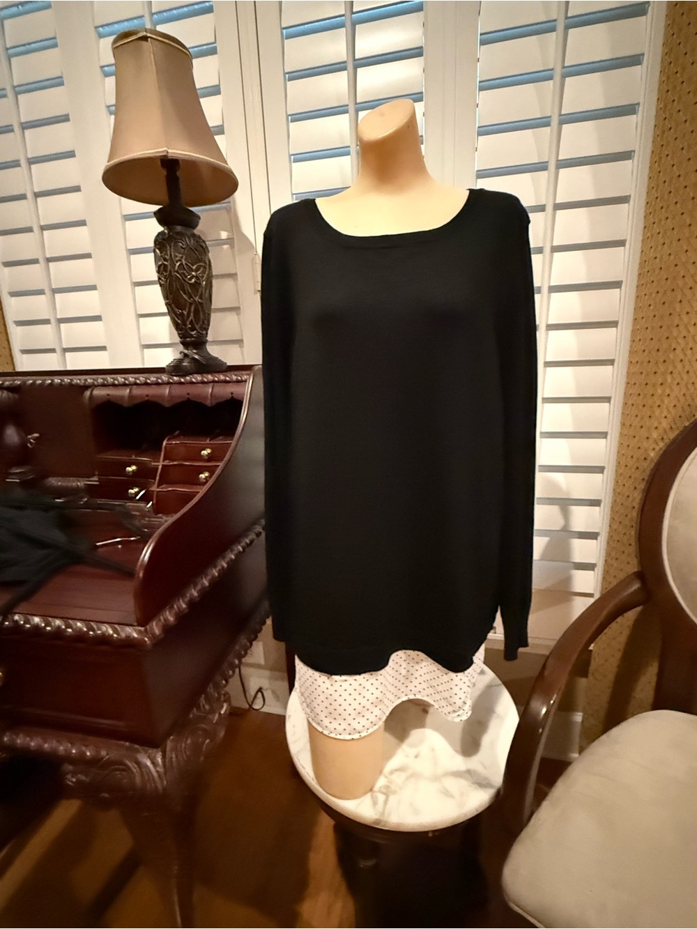 Sweater top lightweight. With split back and polka dot insert